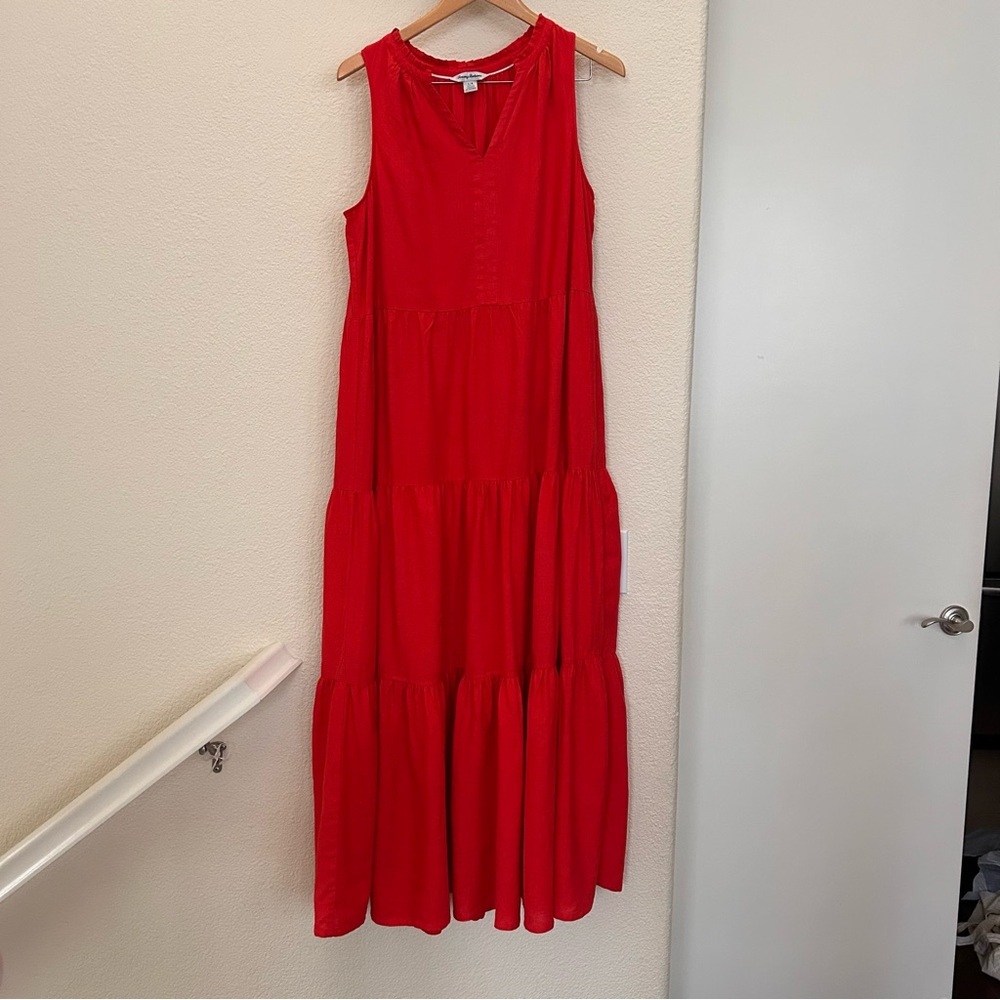 Tommy Bahama Lena Linen Blend Red Tiered Maxi Dress Size L Sleeveless V-Neck